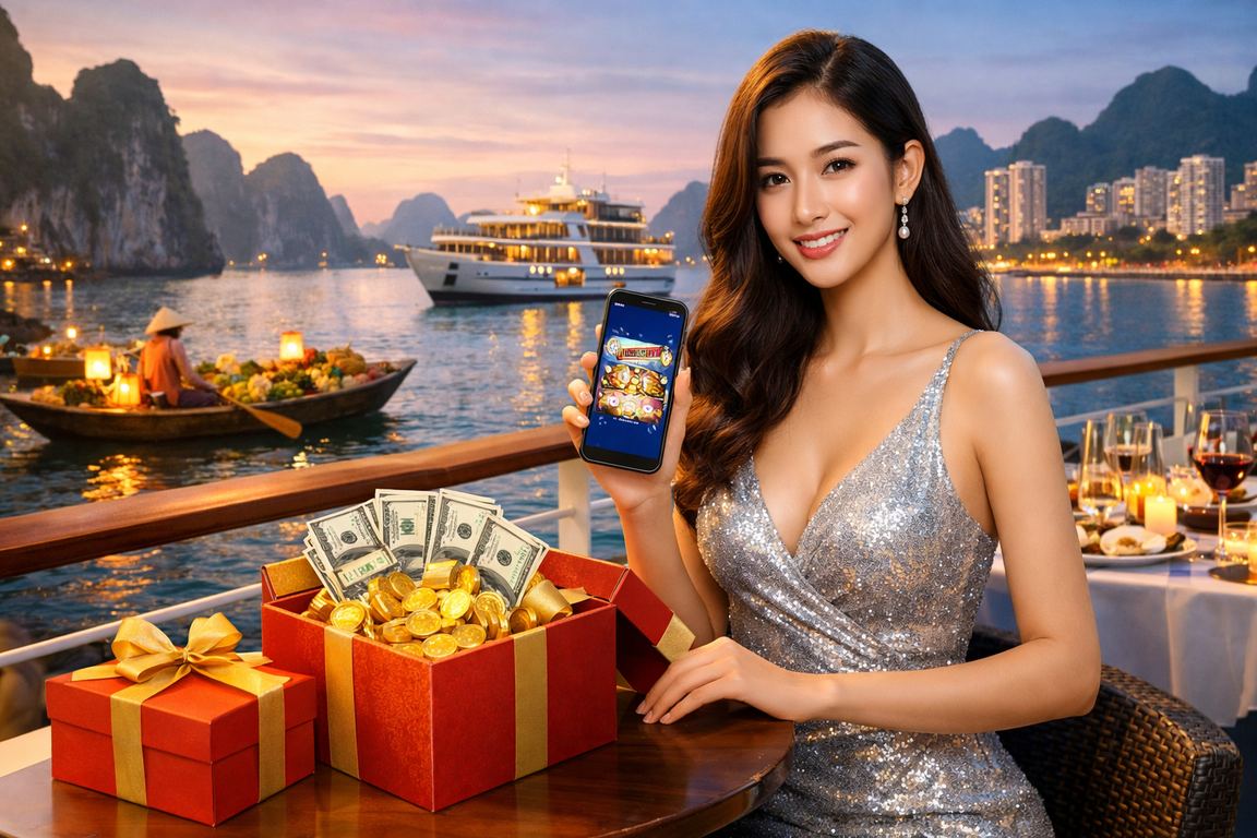 Người dùng thực hiện giao dịch tài chính trên điện thoại với cảnh vịnh Hạ Long phía sau